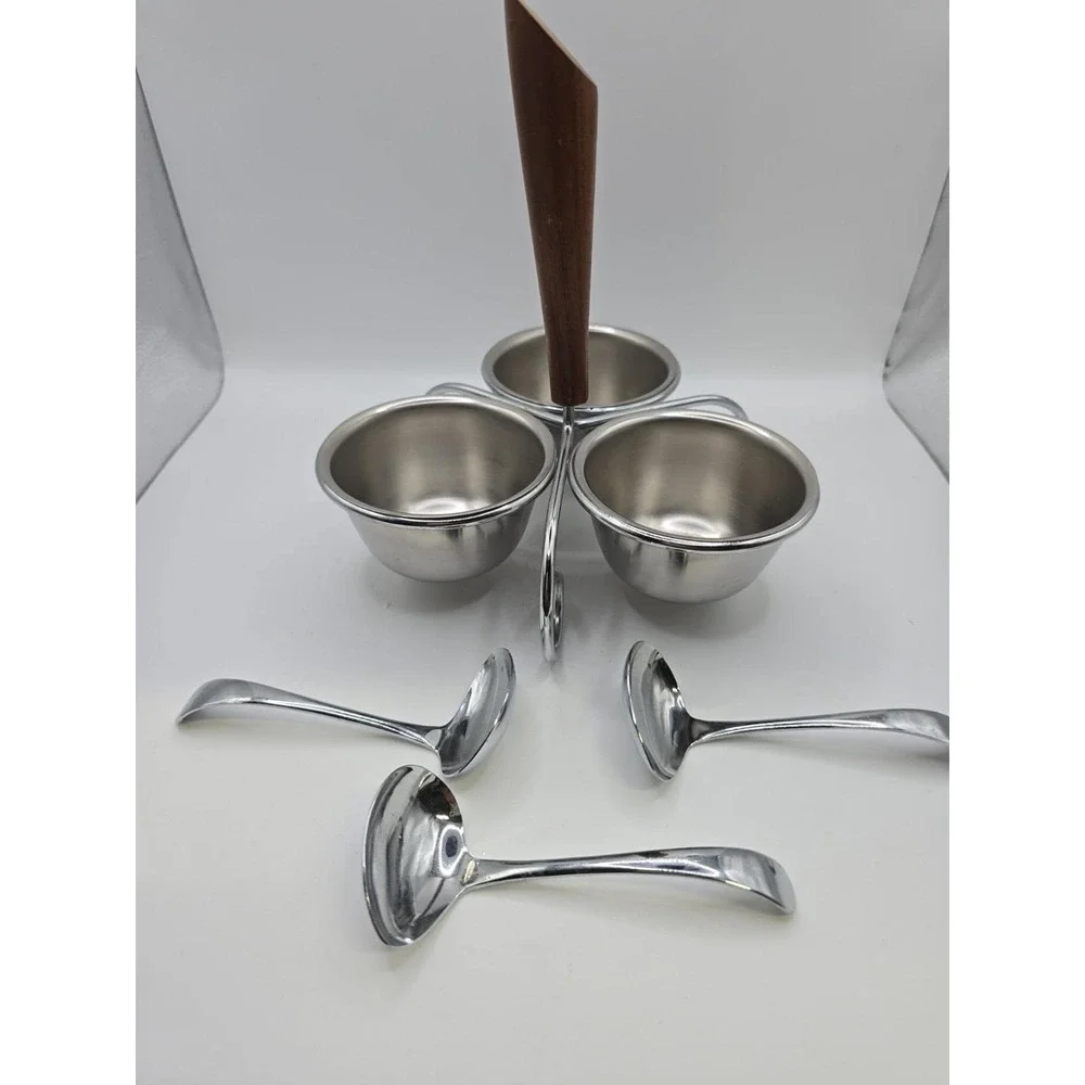 Mid-Century 7 Pc Condiment Serving Set Stainless Steel bowls Wood Handle +spoons